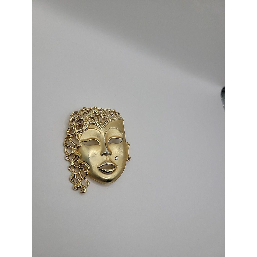 Vintage Gold Tone Drama Mask Brooch pin Rhinestone Beauty Mark Theatrical Face - Picture 5 of 10